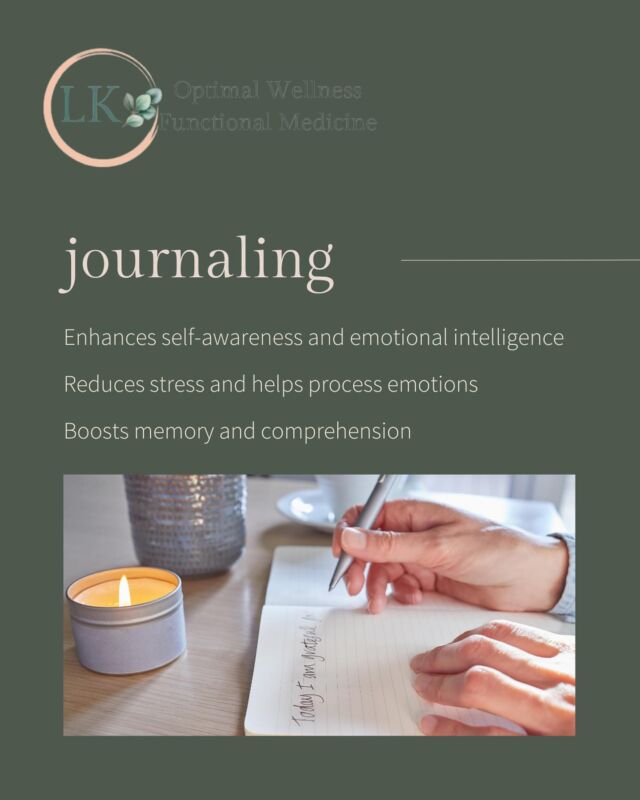 This one may be my fav! Journaling has consistently shown to boost mental resilience and overall well-being.

Journaling allows you to process your thoughts and emotions, reduce stress, and gain clarity. Writing regularly helps increase self-awareness, promote positive thinking, and enhance emotional regulation, contributing to a healthier mind and body.

Journaling can help lower cortisol levels, boost serotonin, and provide a therapeutic outlet for managing stress and anxiety.

Have you tried journaling for mental health? Give it a try for even just 2 minutes every day and start reaping the benefits! 
#gratitudejournal #mindfulness #healthyliving #balance #functionalmedicine